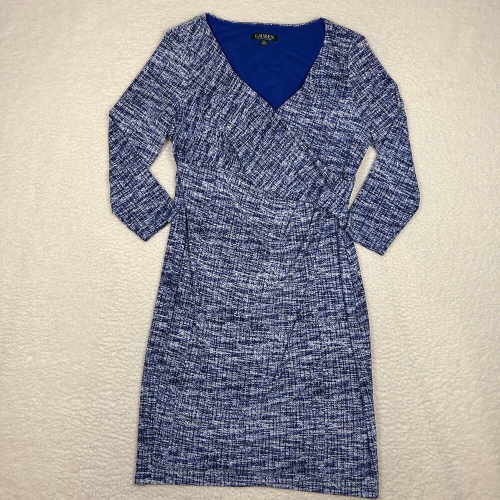 Ralph Lauren LRL Womens 14 Tweed Print Jersey Surplice Dress Office Preppy Blue